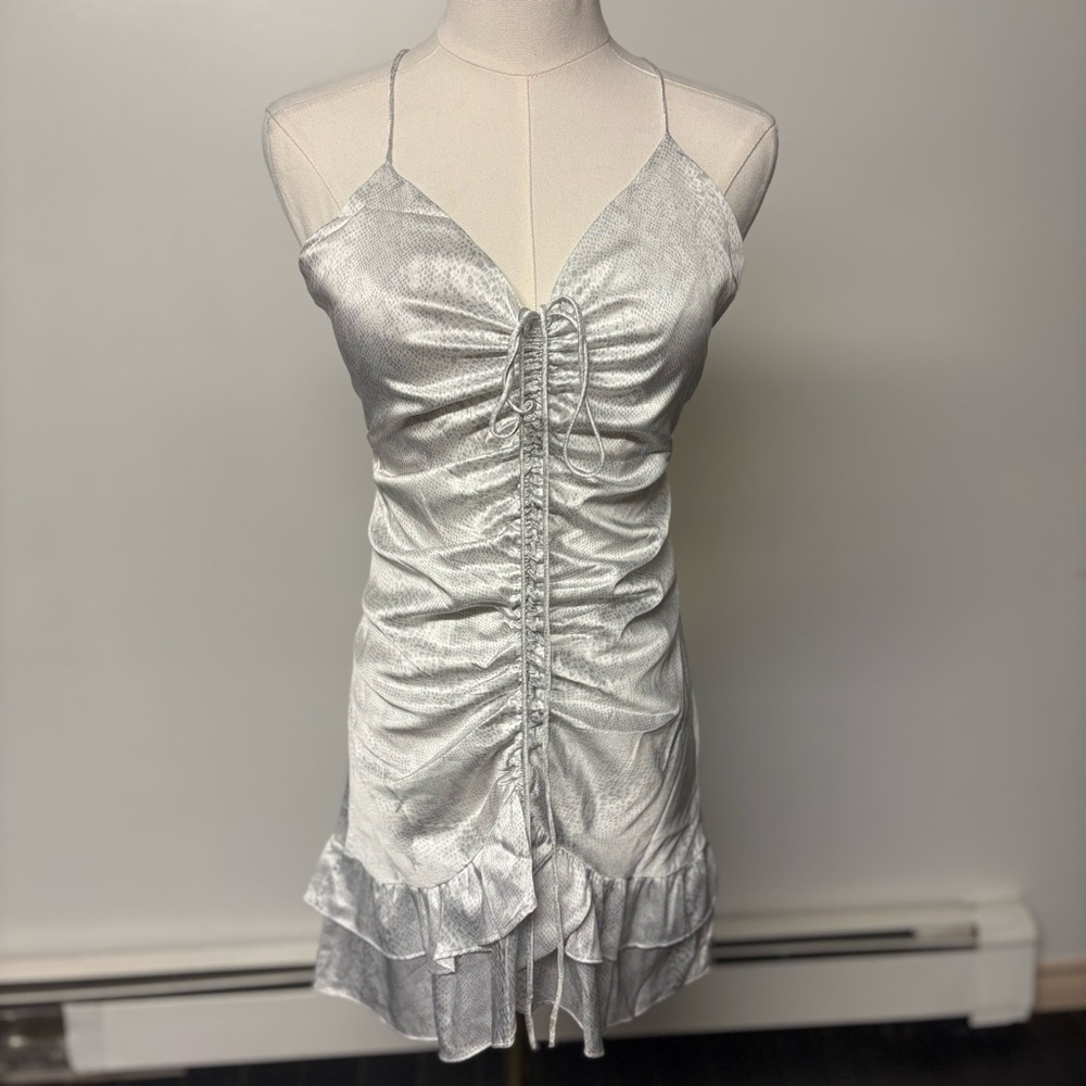 NWT Lioness Silver Dress with Satin Finish and Ruched Front